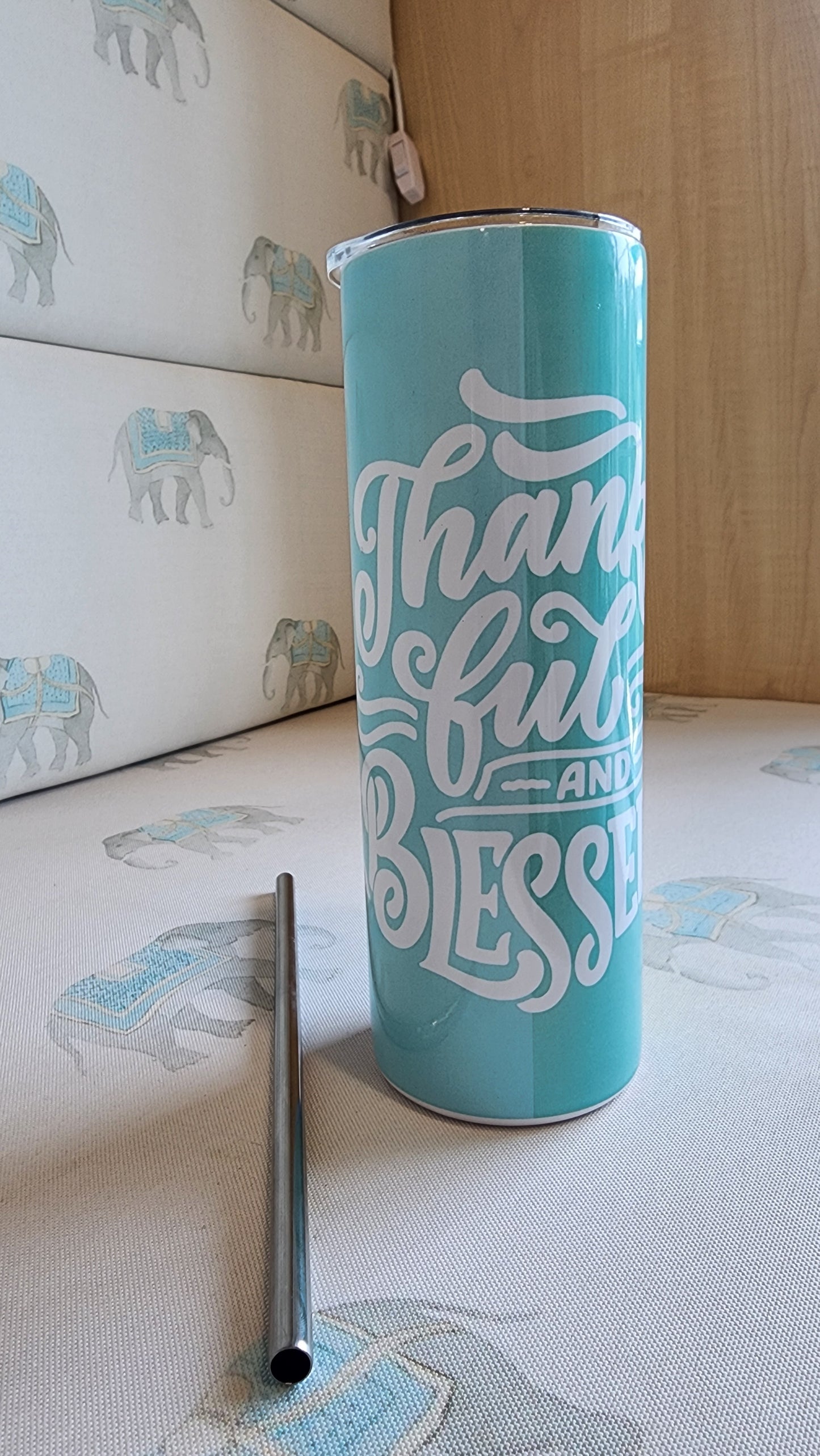 Tumbler Bottle - Thankful, Grateful, Blessed - Blues