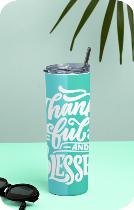 Tumbler Bottle - Thankful, Grateful, Blessed - Blues